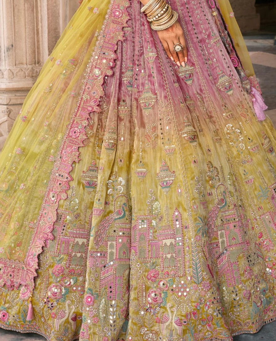YELLOW - Sunshine Yellow & Pink Fancy Silk Lehenga Choli With Cut Work Embroidery Border & Stone Work
